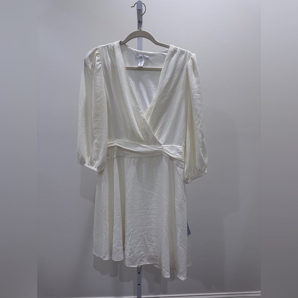 London Times Dress Womens 10 Ivory Mini V Neck Wrap Belt Balloon Sleeve